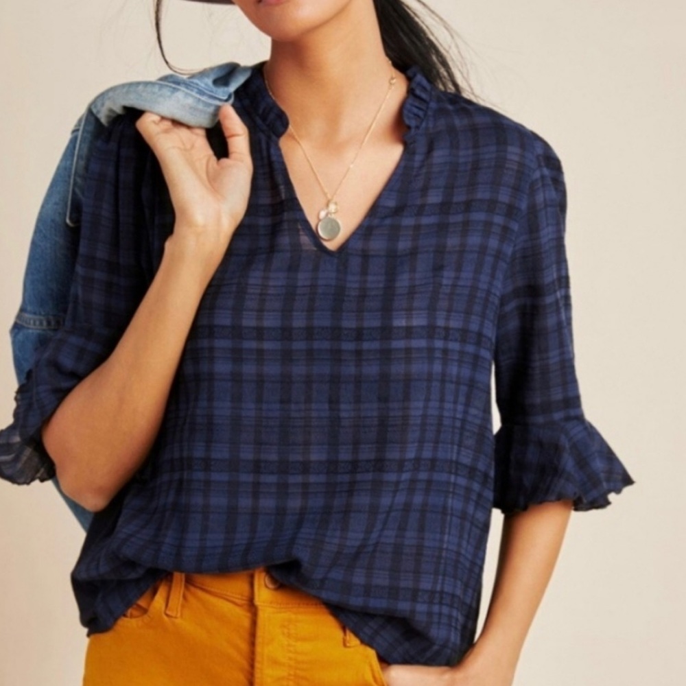 Anthropologie dolan blue‎ plaid ruffle sleeve v neck